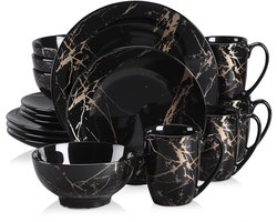 Gran Vida® – Porseleinen Serviesset 16-delig – Zwart Marmer Design – Borden & Kommen – Koffiekopjes met Schotels – Vaatwasserbestendig
