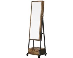 Gran Vida® - Sieradenkast met Spiegel - Verrijdbaar - Inclusief Opslag voor Juwelen en Make-up - Rustiek Bruin - Met Industriële Look
