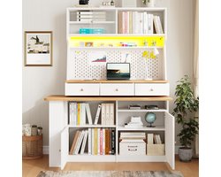 GrandLux Keukenkast 137x45x178 cm – Hoog Keukenbuffet met Uittrekbaar Werkblad, 3 Lades, 2 Deuren en Open Vakken – Multifunctionele Opbergkast voor Keuken, Eetkamer en Woonkamer – Wit Houtdesign - Novihome