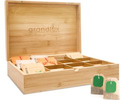 Grandlux Theedoos 12 Vaks – Ruime Vakken voor Pickwick, Pukka, Twinings, Clipper – 100% Bamboe – Theekist – Theebox – Theeblik – Thee doos – Thee Organizer