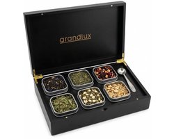 Grandlux Theedoos 6 vaks – Theedoos Losse Thee – RVS Lepel – 100% FSC Bamboe – 6 Theeblikken – Thee Organiser – Theebox – Zwart