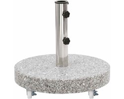 Granieten parasolvoet 30 kg, ronde grijze sokkel met 4 wielen, adapter voor masten 38/48 mm, 2 borgbouten voor stabiliteit bij winderig weer.