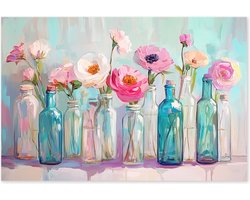 Graphic Message - Schilderij op Canvas - Bloemen in Flessen - Modern Impressionistisch - Pastel - Zachte Kleuren - Zacht Roze - Mintgroen - Lente - Fleurig - Brocante - Bloem - Flesjes - Landelijk - Landelijke Woningdecoratie - Wanddecoratie - Deco