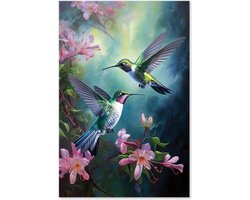 Graphic Message - Schilderij op Canvas - Luchtacrobaten - Kolibries - Vogel Kunst - Kolibrie Vogels - Groen - Hotel Chique Wanddecoratie - Woonkamer Muurdecoratie - Natuur - Natuurkunst - Slaapkamer