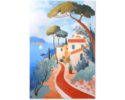 Graphic Message - Schilderij op Canvas - Pad langs de kust - Zee - Dorp - Huizen - 60x90 - Woonkamer Wanddecoratie - Slaapkamer Muurdecoratie - Spanje - Italië Decoratie - Reizen
