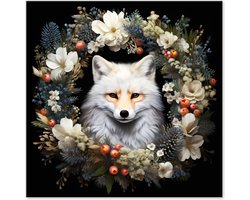 Graphic Message - Schilderij op Canvas - Vos - Winter Herfst Krans - Kerst - Poolvos - Kerstdecoratie - Kerstsfeer - Wanddecoratie - Muurdecoratie - Woningdeco - Woonkamer - Zwart - Dierenhoofd - Wild - Kerstkrans - Herfstkrans - Herfstdecoratie