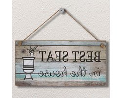Grappig Badkamerbord - Houten Plaquette Decoratie - Badkamer Opvrolijken - Tekst Beste Stoel - 30x15 cm - Blauw Grijs