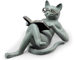Grappig Kattenbeeld Tuindecoratie met Leesbril - Hars Sculptuur voor Buiten en Binnen