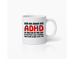 Grappige ADHD Mok 330ml – Humoristische Koffiebeker met Tekst “Vraag Me Naar Mijn ADHD” – Uniek Cadeau voor Vrienden, Collega’s en Koffieliefhebbers