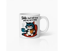 Grappige Chagrijnige Kat Koffiemok met "Praat Niet Tegen Me Tot Mijn Kopje Leeg Is" Tekst – Uniek Cadeau voor Kattenliefhebbers