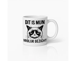 Grappige Chagrijnige Kat Mok – “Dit is Mijn Vrolijk Gezicht” Tekst – Sarcastische Koffiebeker voor Kattenliefhebbers & Kantoorhumor Fans