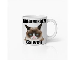 Grappige Chagrijnige Kat Mok – Koffiebeker met 'Goedemorgen Ga Weg' Tekst – Leuk Cadeau voor Kattenliefhebbers