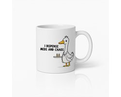 Grappige Ik Deel Medicatie en Chaos Mok 330ml – Humoristisch Verpleegkundige Cadeau Koffiebeker – Schattige Cartoon Eend Ontwerp