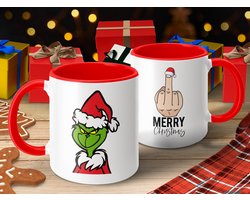 Grappige Kerstmis mok met Grinch ontwerp, kerstmok met rode binnenkant, cadeau voor feestdagen, unieke mok met kerstthema