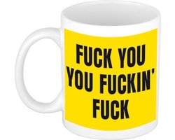 Grappige koffiemok - drink beker - fuck you you fuckin fuck - geel - 300 ml - keramiek - cadeau collega