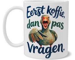Grappige Mok met Gans en Tekst - Eerst koffie, dan pas Vragen - Hilarische Koffiemok voor Ochtendhumeur Kantoor Bureau - Cadeau voor Collega Vader Moeder Thee Beker