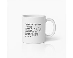 Grappige Werkvoorspelling Mok – “Grote Kans op Vloeken” – 330ml Keramische Koffiebeker – Sarcastisch Kantoor Cadeau voor Collega’s & Bazen