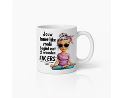 Grappige Yoga Koffiemok – Sarcastische Quote Beker “Jouw Innerlijke Vrede Begint met Twee Woorden” – Humoristisch Cadeau voor Vrouwen & Vrienden