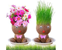 Graskoppoppen 2 stuks - Plantenpop Mini-bonsai - Kinderen Leren Planten - Natuurlijke Materialen - 9 x 11 cm - Bruin Groen