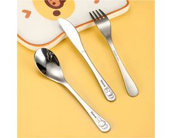 Graveau Kinderbestek 3-delig met uw eigen Naam Gravure – Gepersonaliseerd RVS Bestek – Konijntje Design – Cadeau voor Baby of Kind