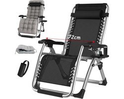 Gravity stoel, inklapbare ligstoel, ondersteunt tot 200 kg fauteuil, Opvouwbare Zonneligstoel ligstoel, inklapbaar, met bekerhouder, kussen,hoofdsteun, voor Tuin, Terras of Balkon (zilver, 72 cm)