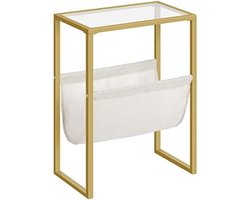 Gravora Smalle Bijzettafel met Tijdschriftenhouder - Gouden Glazen Tafel voor Kleine Ruimtes