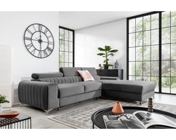 Grayson P - moderne hoekbank - met slaapfunctie - met beddengoedcontainer - beweegbare hoofdsteunen - huisdiervriendelijk - grijs - Maxi Maja