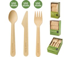 Great to Go® – Houten Wegwerp Bestek Set (100x Mes, 100x Vork, 100x Lepel) – 165 mm – Bestek Set voor Picknick, Bruiloft & Feest