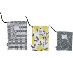 green-goose Broodzakken Bewaarzakken - Set van 3 - Voor Broden, Broodjes, Fruit Groente, Lunch - Grijs / Geel - Groentezakje, Fruitzakje, Lunchzak