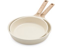 GreenChef Arte Keramische anti-aanbakpannenset, 2-delig, 24 cm & 28 cm, PFAS-vrij, geschikt voor inductie, houten handvat, crèmekleurig