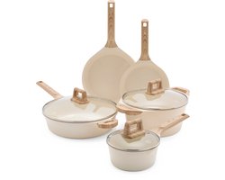 GreenChef Arte Pannenset 8-delig - 16/20/24/28cm - 1.6/3.9/4.4L - PFAS-vrije antikleeflaag - Pannenset inductie - Keramische pan - Niet ovenbestendig - Houten handgreep - Crèmewit