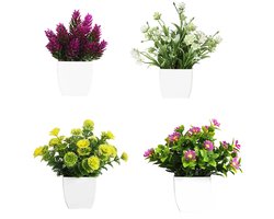 GreenDecor Set van 4 Kunstplanten in Witte Bloempot – Kunstbloemen Decoratie – Realistische Kunstplanten voor Woonkamer, Kantoor & Interieur
