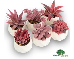Greendream® Kunstplantjes Set 6 in Keramiek Potje - 6 Stuks Vetplanten - Cadeautip - Roze