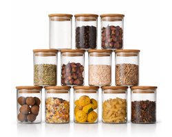 Greenky 12 Glazen Voorraadpotten met Bamboe deksel - Voorraadpotten Glas Met Deksel - 280 ML - 12 Delige Set - BPA-vrij - Met Pen & Herschrijfbare Stickers - Vershoudpot - Voorraadbussen - Snoeppot - Bamboe voorraadpot -