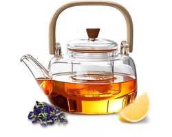 GREENKY® Glazen theepot met filter en bamboe Hengsel - Theepot met Filter - Theekan - Duurzaam - Filter - Theehouder - Theeglas - Fruitkan - Schenkkan - Sinterklaas en Kerst cadeau - Teapot - 1Liter - 1000ml