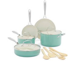 GreenLife Artisan Pannenset 12-delig - 18/22/24cm - 1.90/4.76/2.42L - PFAS-vrije antikleeflaag - Pannenset inductie - Keramische pan - Ovenbestendig tot 220°C - Met accessoires - Met glazen deksel - Turkoois