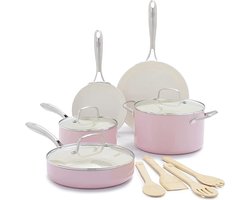 GreenLife Artisan Pannenset 12-delig - 18/22/24cm - 1.90/4.76/2.42L - PFAS-vrije antikleeflaag - Pannenset inductie - Keramische pan - Ovenbestendig tot 220°C - Met accessoires - Met glazen deksel - Roze