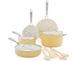 GreenLife Artisan Pannenset 12-delig - 18/22/24cm - 1.90/4.76/2.42L - PFAS-vrije antikleeflaag - Pannenset inductie - Keramische pan - Ovenbestendig tot 220°C - Met accessoires - Met glazen deksel - Geel