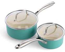 GreenLife Artisan Steelpannenset 4-delig - 1.1/1.9L - PFAS-vrije antikleeflaag - Pannenset inductie - Keramische pan - Ovenbestendig tot 220°C - Met glazen deksel - Turkoois