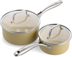 GreenLife Artisan Steelpannenset 4-delig - 1.1/1.9L - PFAS-vrije antikleeflaag - Pannenset inductie - Keramische pan - Ovenbestendig tot 220°C - Met glazen deksel - Geel