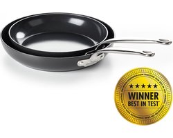Greenpan Barcelona Aluminium Koekenpannenset 2-delig - Ø 24 en 28 cm – PFAS-vrij – Inductie Koekenpannenset – Ovenbestendig tot 220°C – Vaatwasserbestendig – Snelle opwarming – RVS handgrepen - Zwart