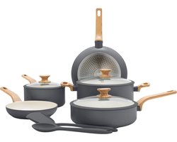 GreenPan Essence Grijs Keramische Inductie Pannenset 10-delig - PFAS-vrij - Inductie pannenset - Houteffect handgreep - Met deksels - Grijs