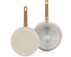 GreenPan Essence Koekenpannenset 2-delig - 26/30cm - PFAS-vrije antikleeflaag - Pannenset inductie - Keramische pan - Ovenbestendig tot 160°C - Houteffect handgrepen - Koudgrepen - Taupe