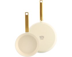 GreenPan Evolution Pannenset 2-delig - 20/28cm - 3.6L - PFAS-vrije antikleeflaag - Inductie pannenset - Keramische pan - Ovenbestendig tot 200°C - Gouden RVS handgrepen - Zonder deksel - Creme