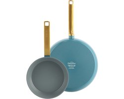 GreenPan Evolution Pannenset 2-delig - 20/28cm - PFAS-vrije antikleeflaag - Inductie pannenset - Keramische pan - Ovenbestendig tot 200°C - Gouden RVS handgrepen - Zonder deksel - Sky Blue