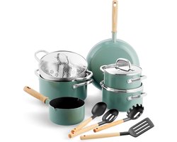 GreenPan Mayflower Gezonde keramische Antiaanbak 13-delige steelpannenset, Op hout geïnspireerd handgreep,Inclusief koekenpannen,voorraadpotten,PFAS-vrij,inductie,Veilig voor metalen keukengerei,Blauw