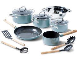 GreenPan Mayflower Koekenpannenset 13-delig - 13/18/20/24/28cm - 1.6/2.6L - PFAS-vrije antikleeflaag - Pannenset inductie - Keramische pan - Niet ovenbestendig - Koudgrepen - Blauw