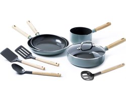 GreenPan Mayflower Koekenpannenset 9-delig - 13/20/24cm - 1.6/2.6L - PFAS-vrije antikleeflaag - Pannenset inductie - Keramische pan - Niet ovenbestendig - Koudgrepen - Met glazen deksel - Blauw