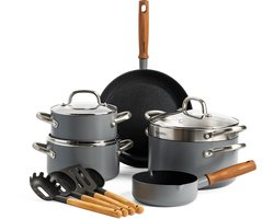 GreenPan Mayflower Pro 13-delige set - grijs - houten handvat - PFAS-vrij