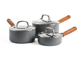 GreenPan Mayflower Pro keramische pannenset 6-delig - 16, 18 en 20 cm - inductie pannenset - inductie steelpannenset - Inductie steelpan - Met glazen deksels - PFAS-vrij - grijs - houten handvat